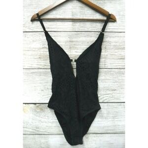 Emerald Bay Swim Womens Size 12 Black Crochet Plunging One Piece Swimsuit New